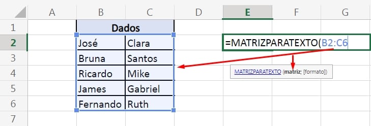 Função MATRIZPARATEXTO no Excel, matriz