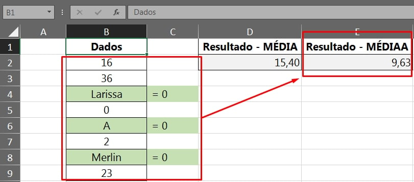 Função MEDIAA no Excel, exemplo