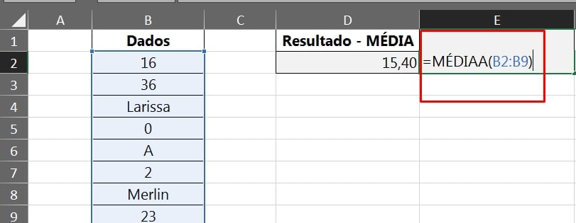 Função MEDIAA no Excel, intervalos na função