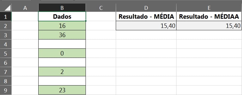 Função MEDIAA no Excel, resultado das duas funções