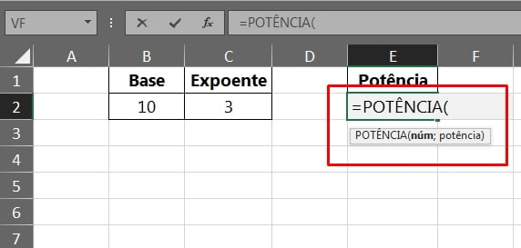 Função POTÊNCIA no Excel, duas sintaxes