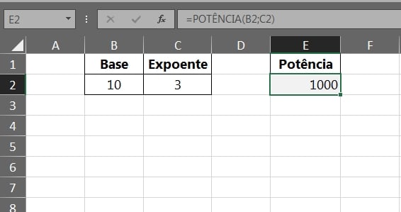 Função POTÊNCIA no Excel, resultado