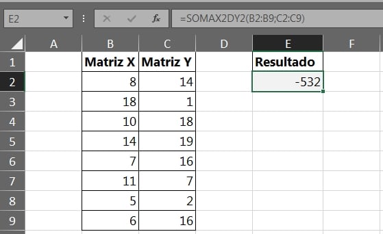 Função SOMAX2DY2 no Excel, resultado