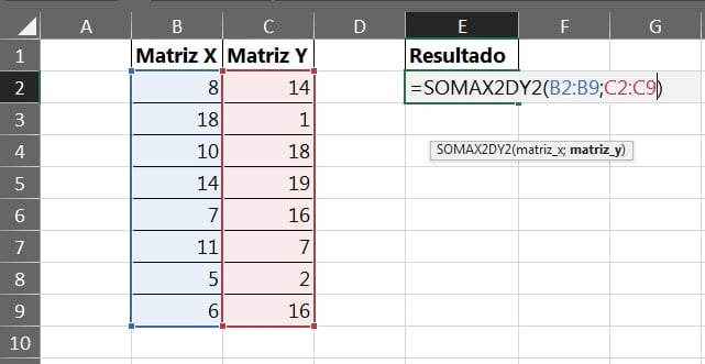 Função SOMAX2DY2 no Excel, seleção de duas colunas