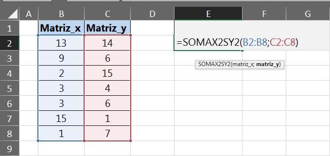 Função SOMAX2SY2 no Excel, dois intervalos de matrizes