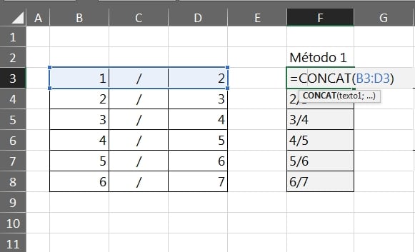 Inserir Fração do Excel, função concat