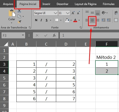 Inserir Fração do Excel, números, centralizar