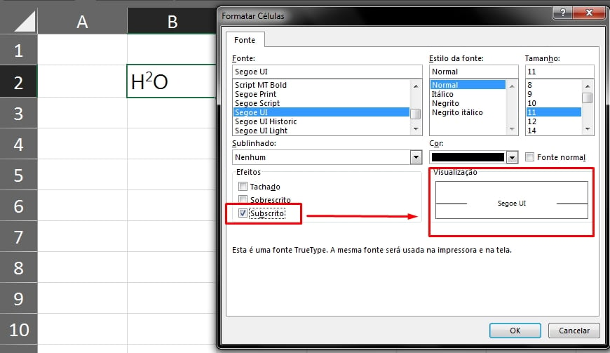 Inserir o H2o no Excel, número subscrito