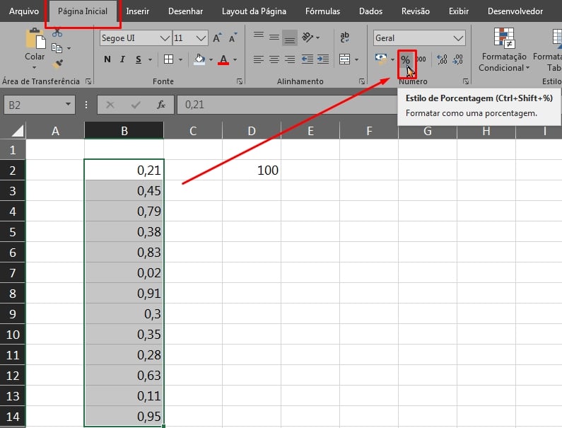 Números em Percentual no Excel, ícone de porcentagem