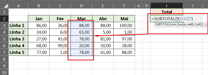 Subtotal Inclui e Ignora Linhas Ocultas no Excel, coluna selecionada