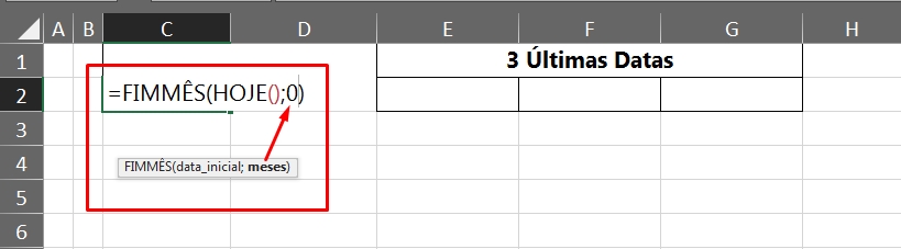 Últimas Datas do Mês no Excel, segunda sintaxe da fimmês