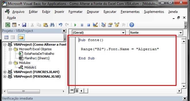 Alterar o Nome Fonte do Excel Com VBA, código para alterar a fonte