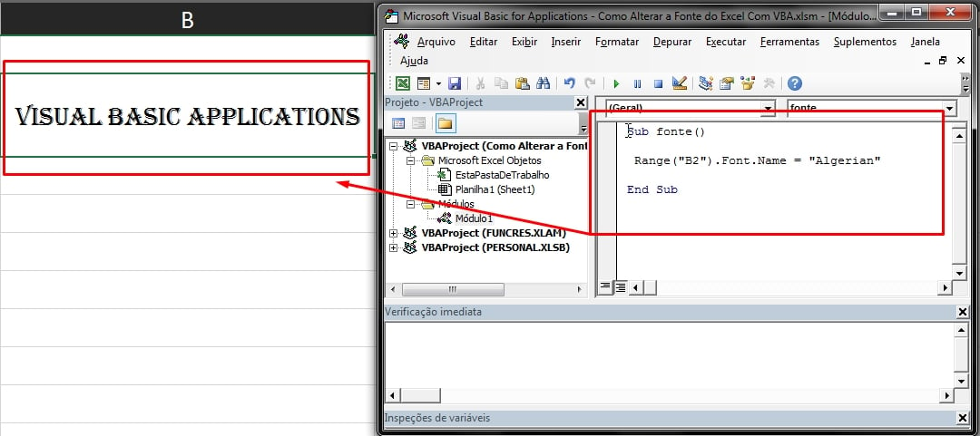 Alterar o Nome Fonte do Excel Com VBA, formatação de fonte alterada