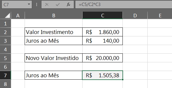 Cálculo Simples de Investimentos no Excel, resultado do cálculo