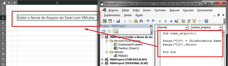 Nome do Arquivo do Excel com VBA, resultado do código