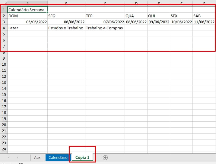 Calendário Semanal no Excel, aba de cópia