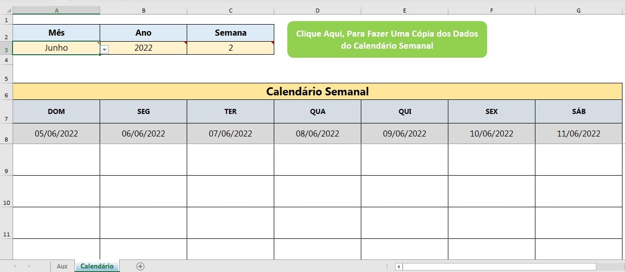 calendário semanal no Excel