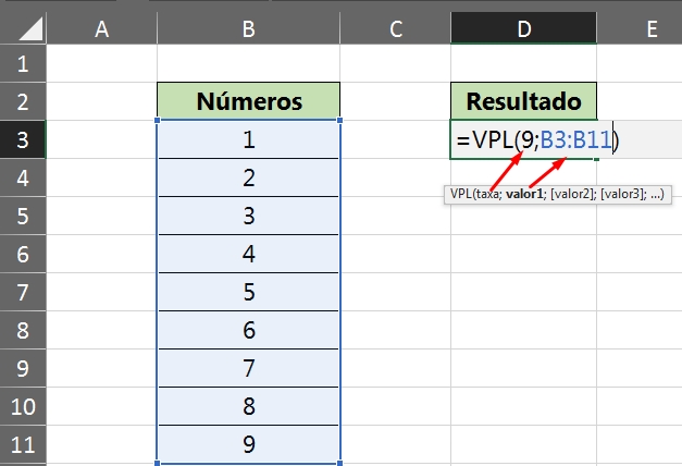 Dígito em Uma Célula no Excel, função vpl