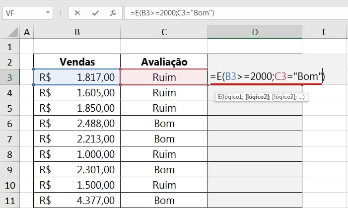Função AND no Excel