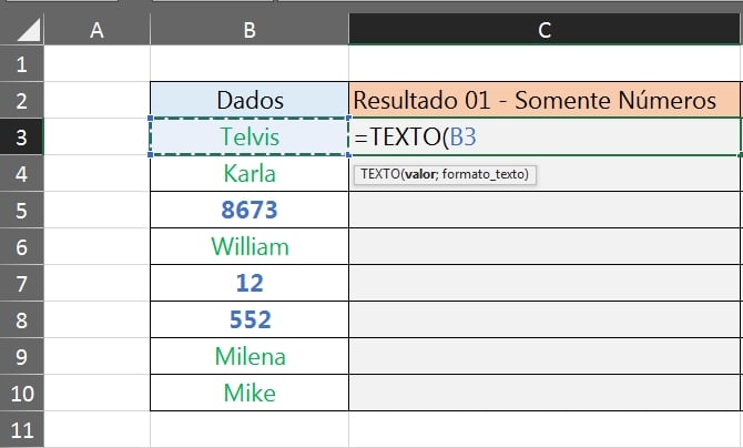 Números e Textos no Excel, função texto primeira sintaxe