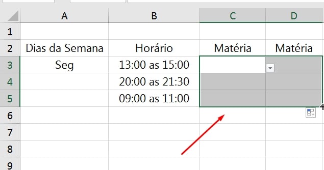 Planilha de Estudos no Excel, demais células