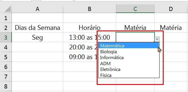 Planilha de Estudos no Excel, listagem das matérias