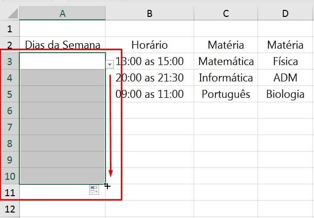 Planilha de Estudos no Excel, resultado da validação