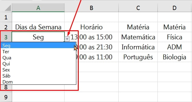 Planilha de Estudos no Excel, selecionando