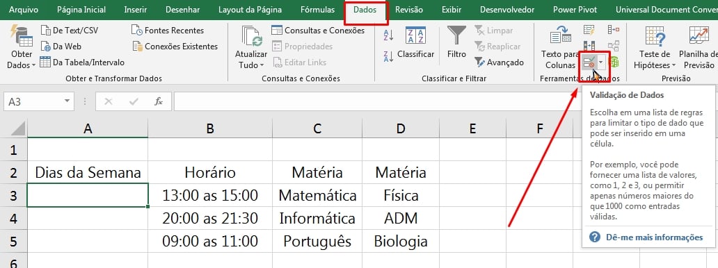 Planilha de Estudos no Excel, validação de dados