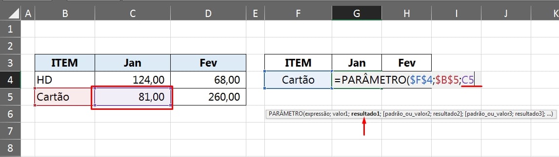 Valor Com a Função Parâmetro no Excel, resultado 1