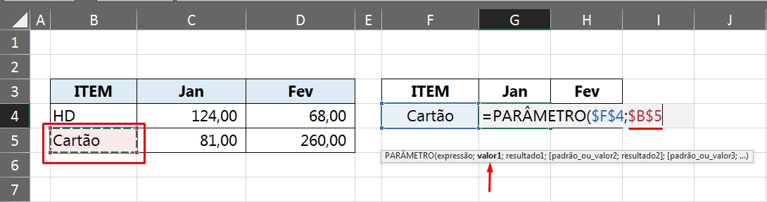 Valor Com a Função Parâmetro no Excel, valor 1