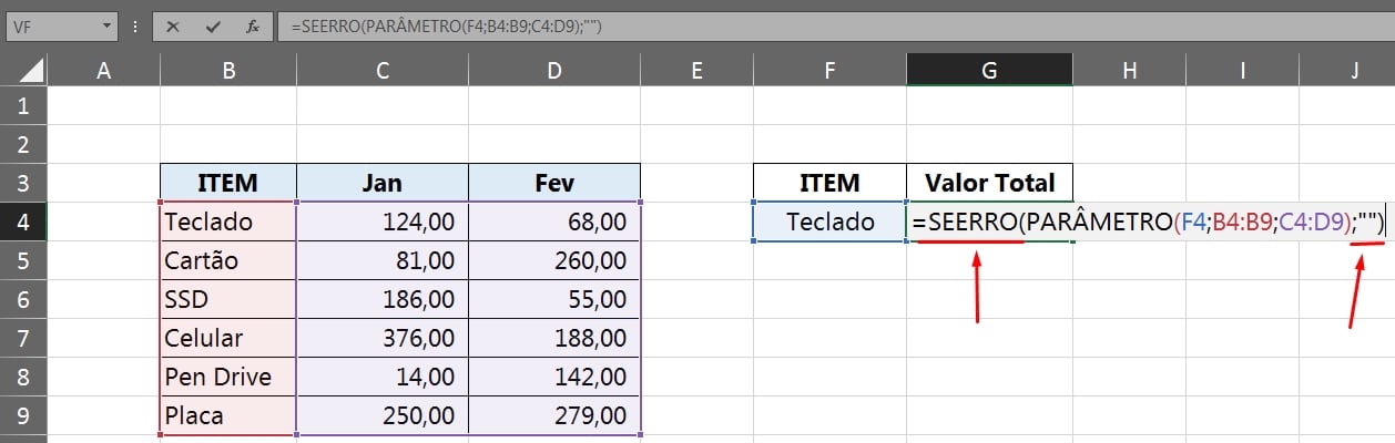 Valores Com a Função Parâmetro no Excel, função seerro