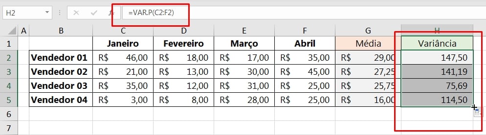 Calcular Variância no Excel, resultado variância