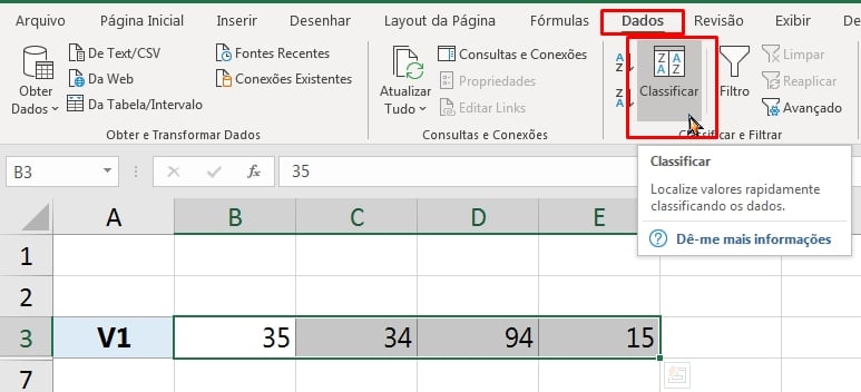 Dados na Horizontal no Excel, classificar