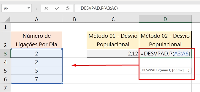 Desvio Padrão Populacional no Excel, função desvpad.p