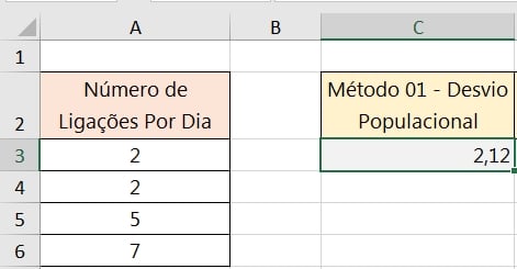Desvio Padrão Populacional no Excel, resultado 01