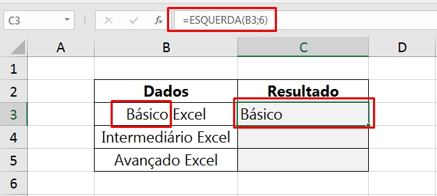 Função Left Excel Português, resultado