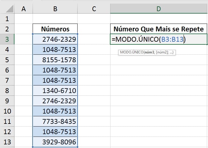 Função MODA no Excel, intervalo