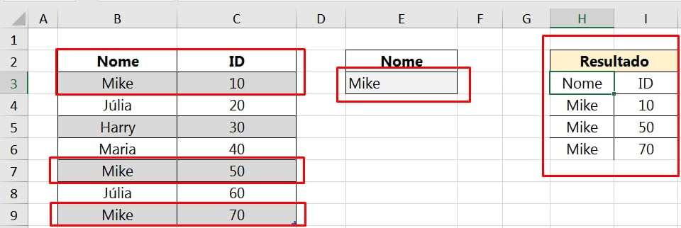 Lista Suspensa no Excel, resultado do filtro