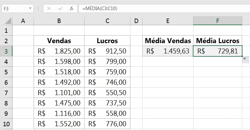 Média Aritmética no Excel, resultado média lucros