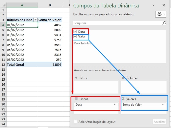 Automatizar Planilha Excel, campos da tabela dinâmica