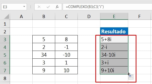 Função COMPLEXO no Excel, resultado