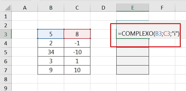 Função COMPLEXO no Excel, sintaxes da função