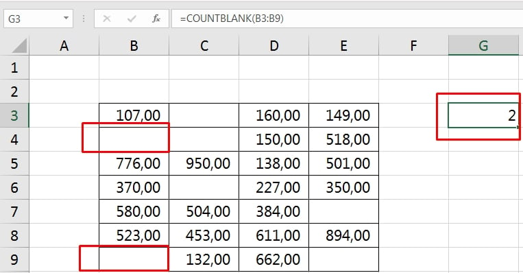 Função COUNTBLANK no Excel, células em branco