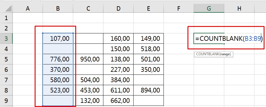 Função COUNTBLANK no Excel, coluna