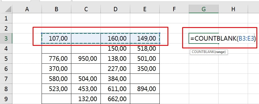 Função COUNTBLANK no Excel, linha