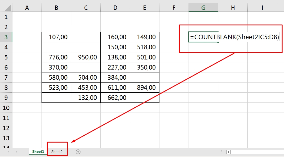 Função COUNTBLANK no Excel, próxima aba