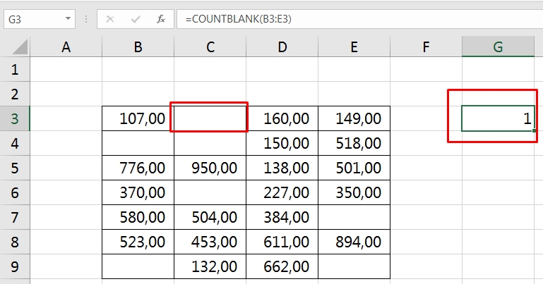 Função COUNTBLANK no Excel, resultado em linhas