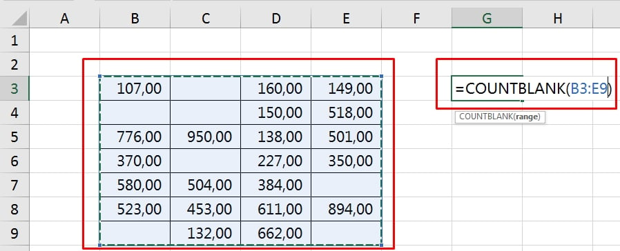 Função COUNTBLANK no Excel, tabela