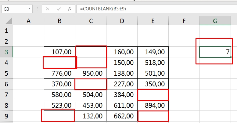 Função COUNTBLANK no Excel, total de célula vazias